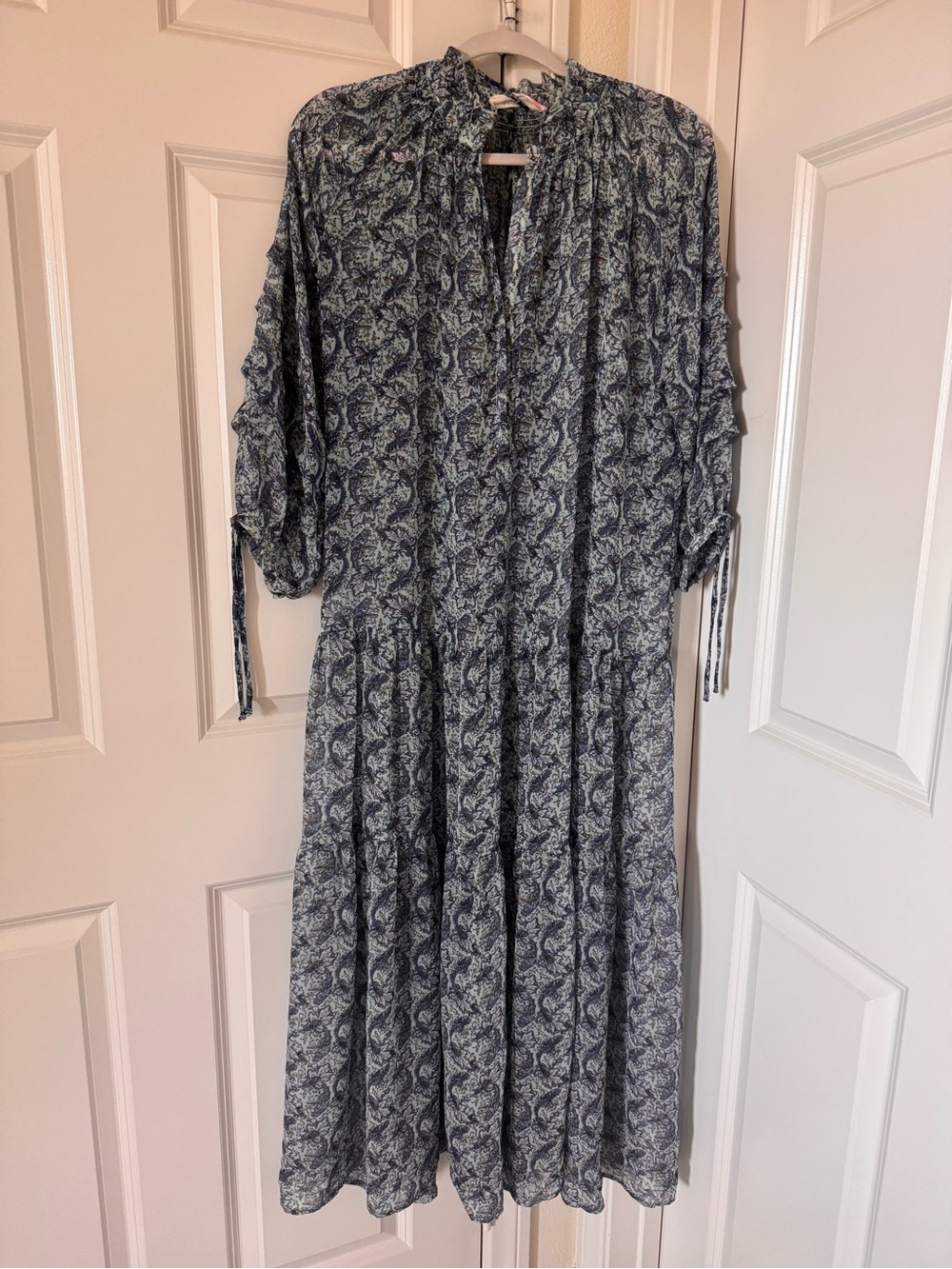 Blue Paisley Long-Sleeve Tiered Midi Dress